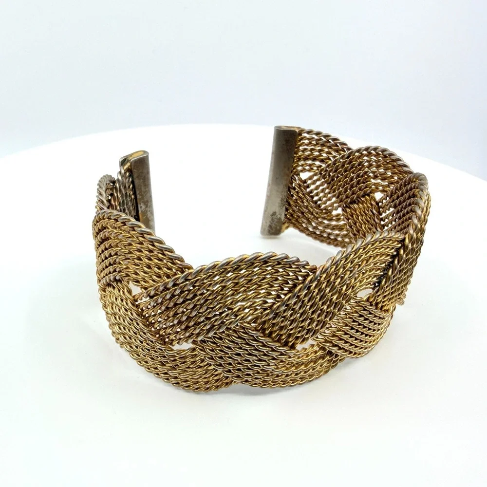 Vintage Gold Tone Braided Mesh Cuff‎ Bracelet Woven Knot Chunky Statement Boho